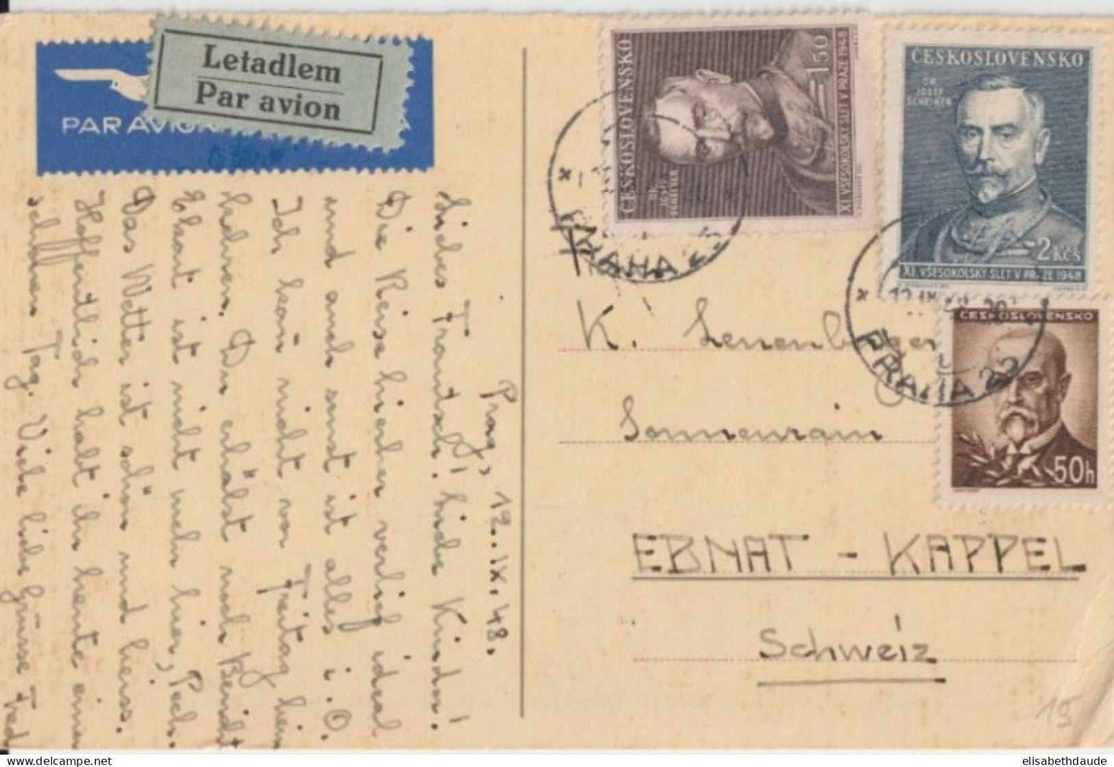 1948 - TCHECOSLOVAQUIE - CARTE Par AVION De PRAGUE => EBNAT-KAPPEL (SUISSE) ! - Cartas & Documentos