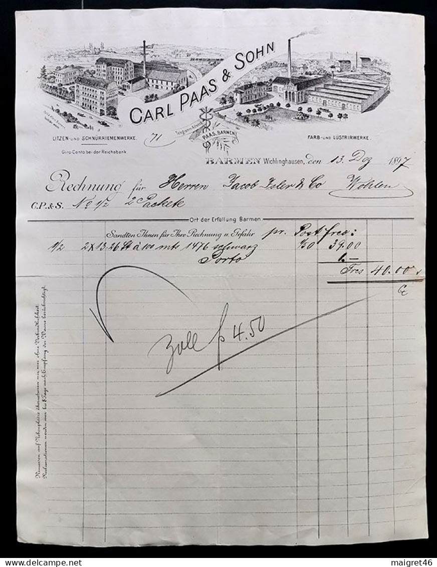 FATTURA CARL PAAS & SOHN FARB UND LUSTRIRWERKE BARMEN WICHLINGHAUSEN ANNO 1897 GERMANIA - 1800 – 1899