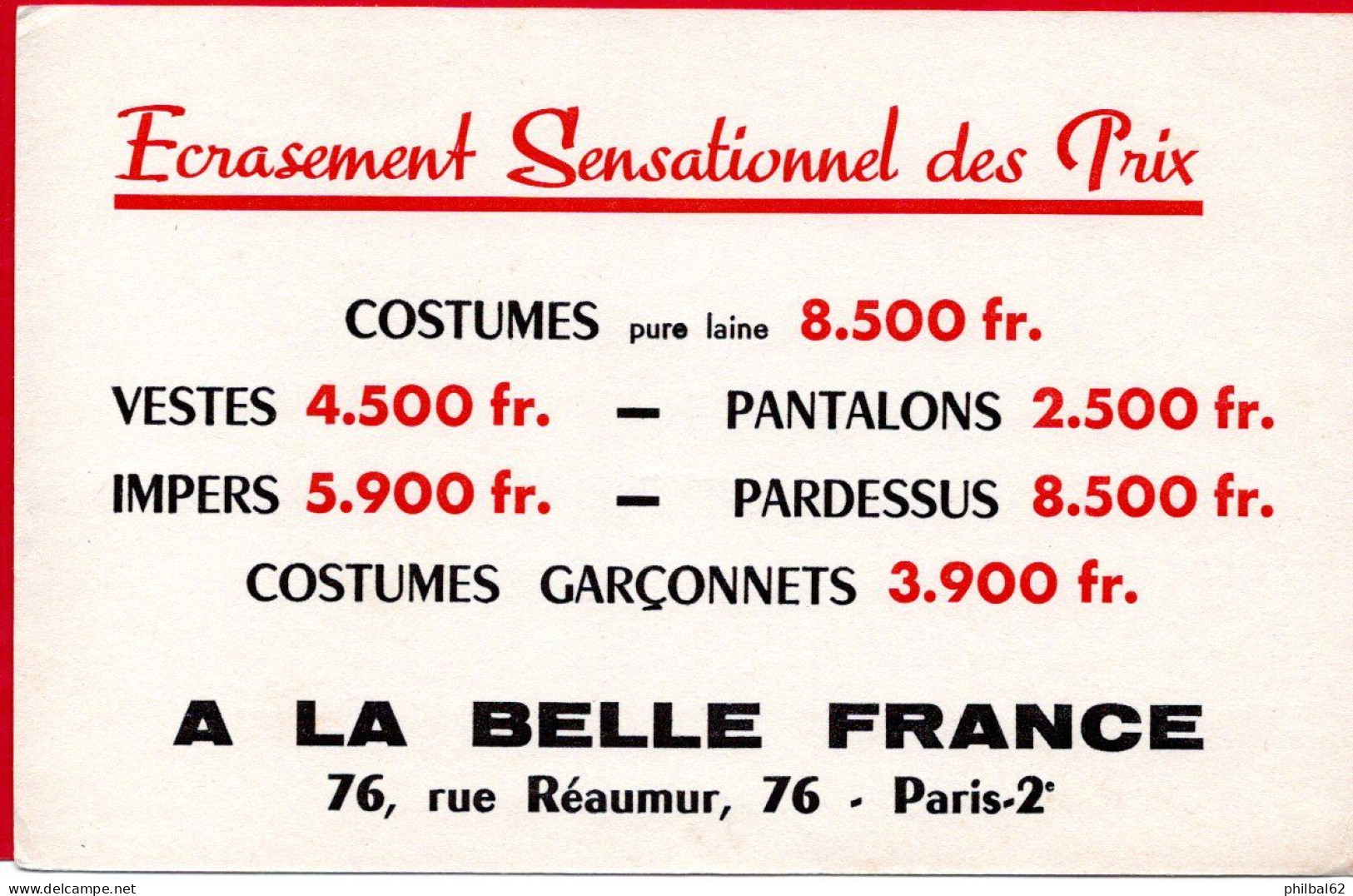 Buvard A La Belle France, Costumes, Vestes, Pantalons, Pardessus, Impers. Rue Réaumur à Paris. - Kleidung & Textil