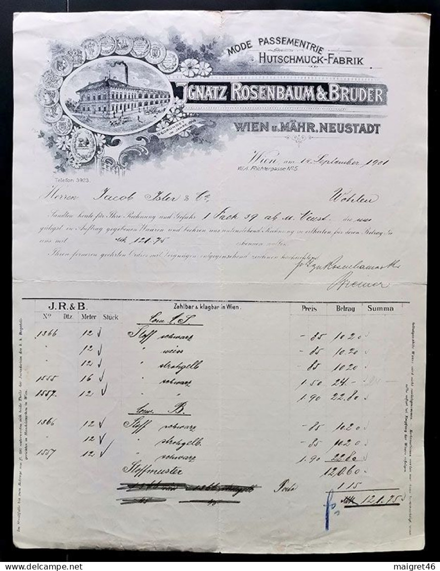 FATTURA MODE PASSEMENTRIE HUTSCHMUCK FABRIK WIEN ANNO 1901 AUSTRIA - Oostenrijk
