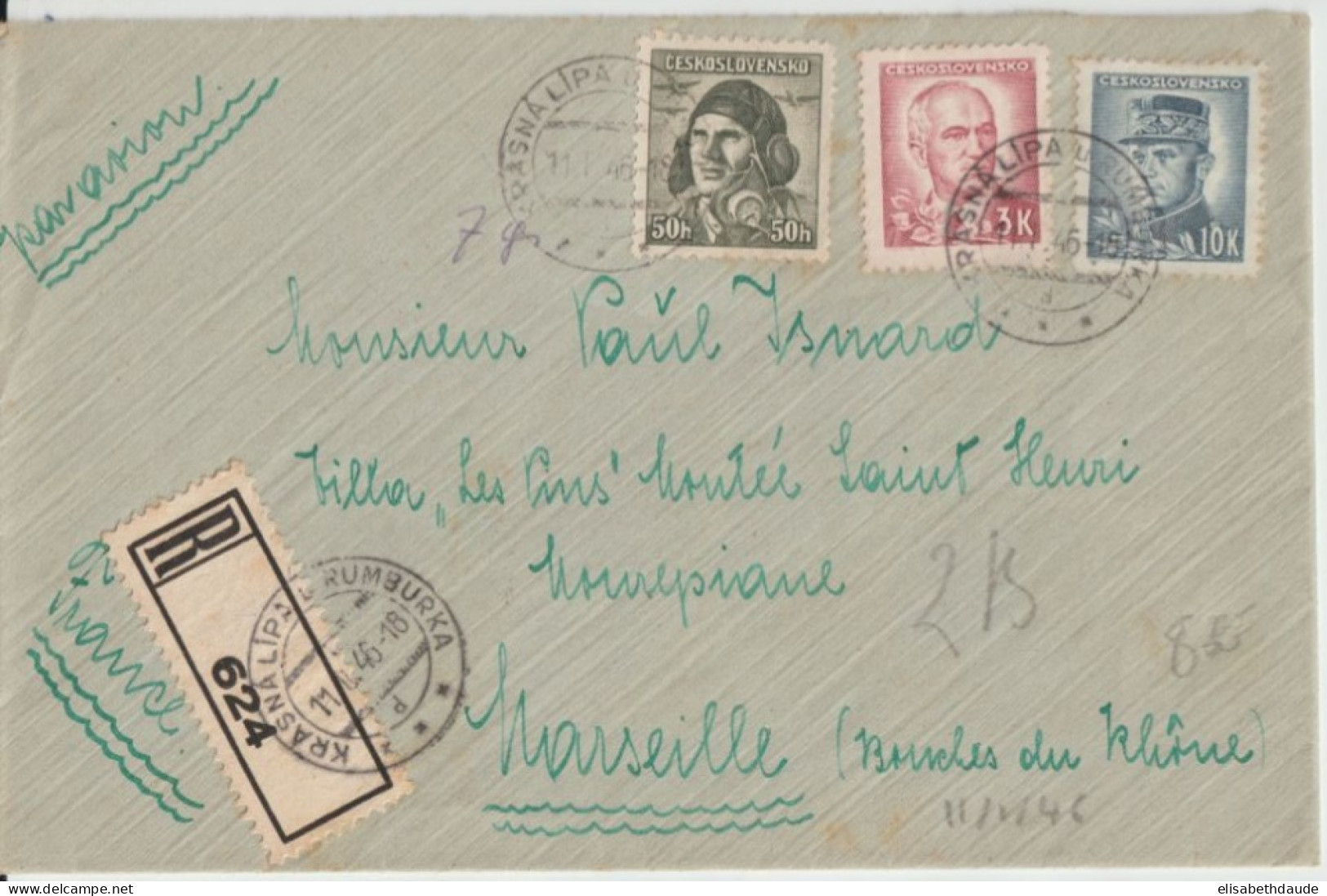 1946 - TCHECOSLOVAQUIE - ENVELOPPE RECOMMANDEE Par AVION De KRASNA LIPA => MARSEILLE - Covers & Documents