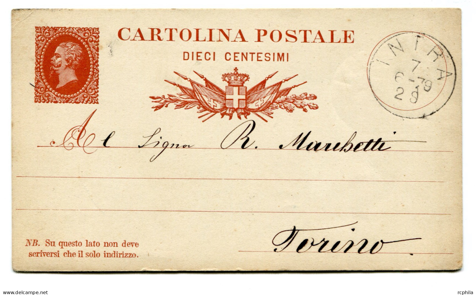 RC 24864 ITALIE 1879 ENTIER POSTAL INTRA POUR TURIN - Interi Postali