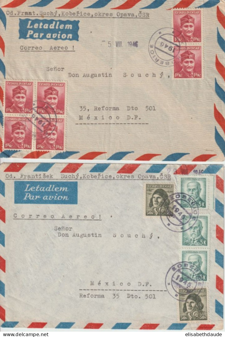 1946 - TCHECOSLOVAQUIE - OBLITERATION PROVISOIRE ! Sur 2 ENVELOPPES AVION De KOBERICE ! => MEXICO ! DESTINATION RARE ! - Covers & Documents