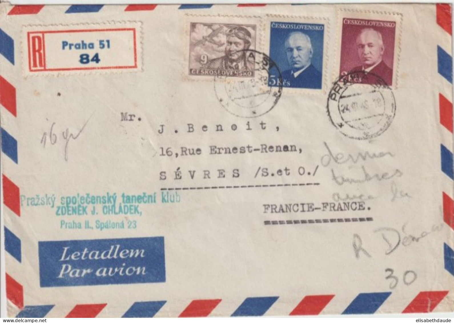 1948 - TCHECOSLOVAQUIE - ENVELOPPE RECOMMANDEE De PRAGUE => SEVRES (SEINE ET OISE) - Briefe U. Dokumente