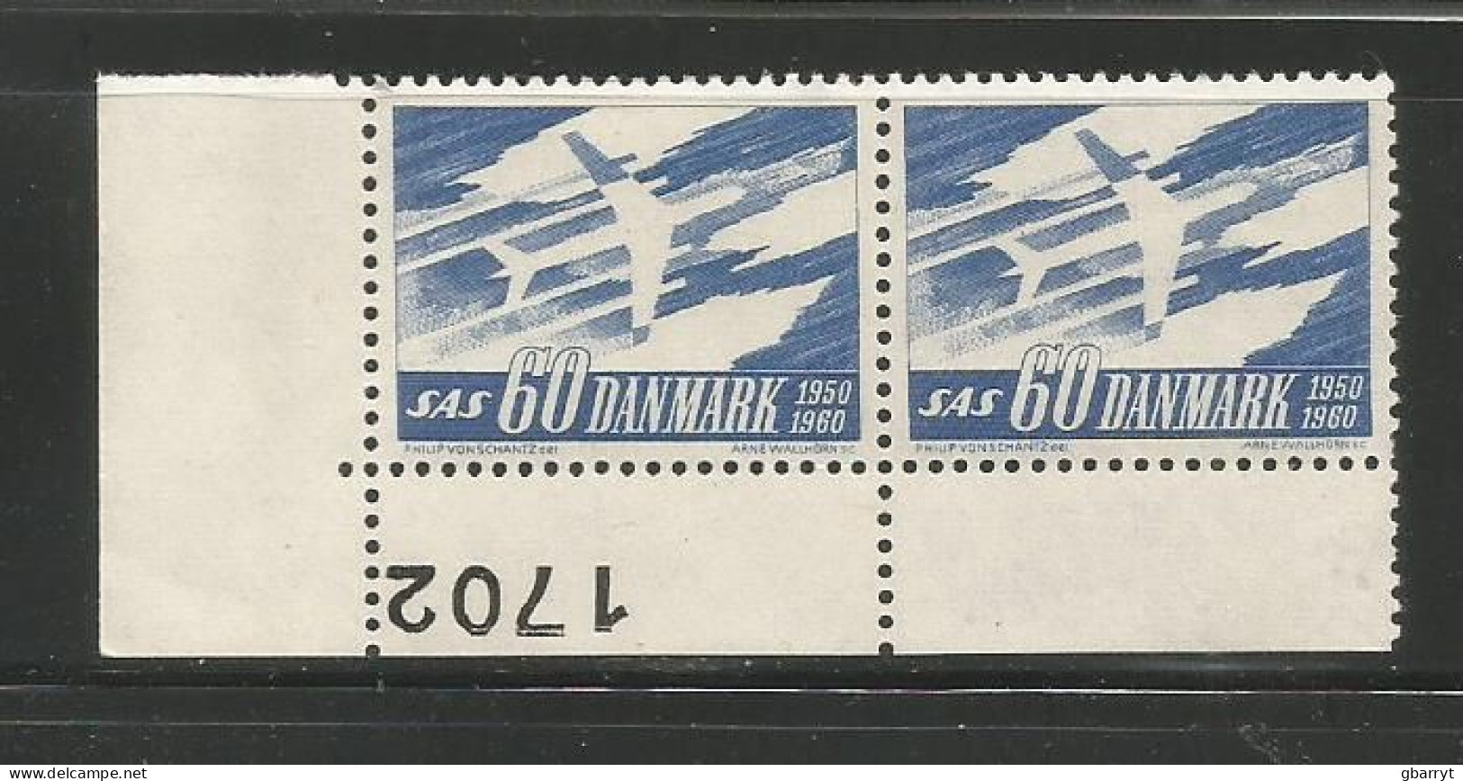 Denmark Scott # 380 Aircraft SAS LL Horizontal Plate Number Pair MNH VF ...............................(DR2) - Unused Stamps