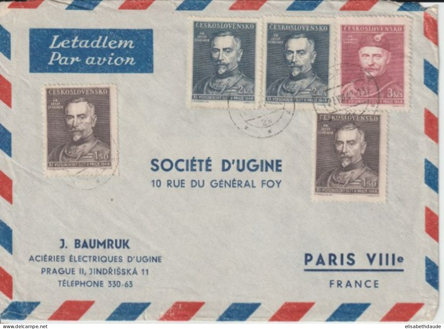 1948 - TCHECOSLOVAQUIE - ENVELOPPE COMMERCIALE Par AVION De PRAGUE => PARIS - Lettres & Documents