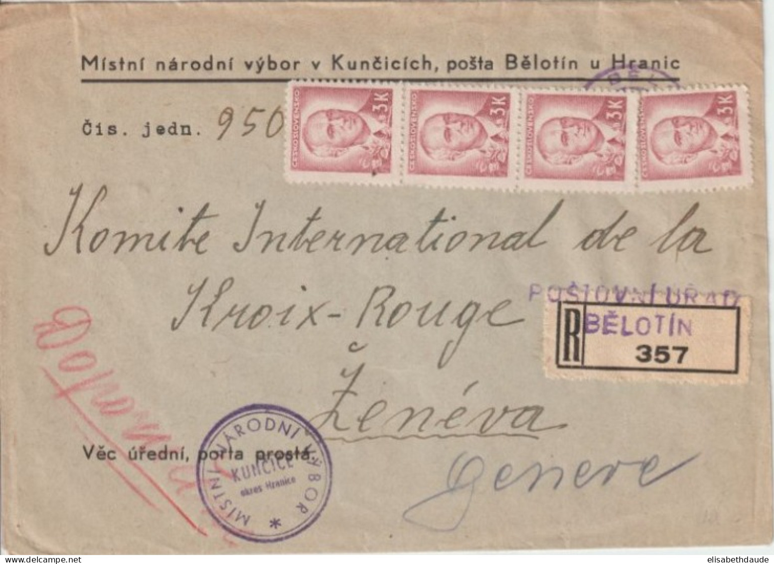 1946 - TCHECOSLOVAQUIE - ENV. De SERVICE RECO De BELOTIN (AJOUT TIMBRES SANS OBLITERATION) => CROIX-ROUGE GENEVE SUISSE - Covers & Documents