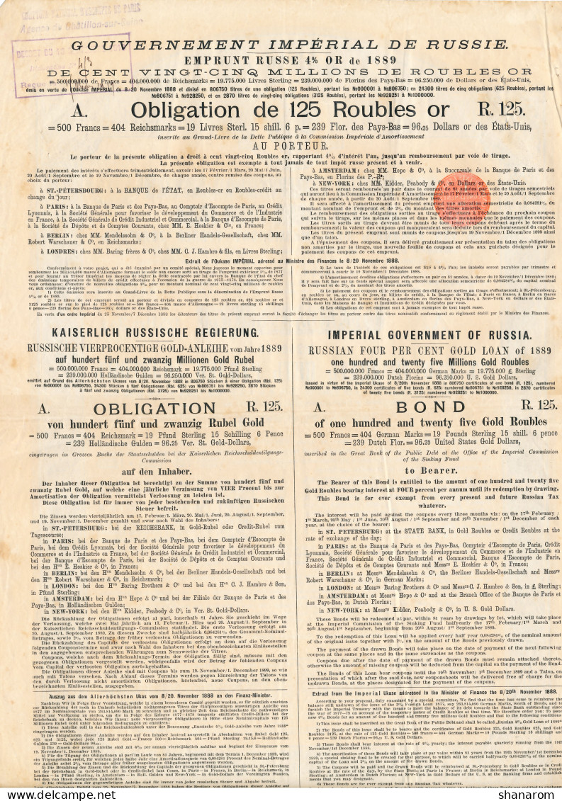 1889 // EMPRUNT RUSSE // OBLIGATION DE 125 ROUBLES OR - Russie