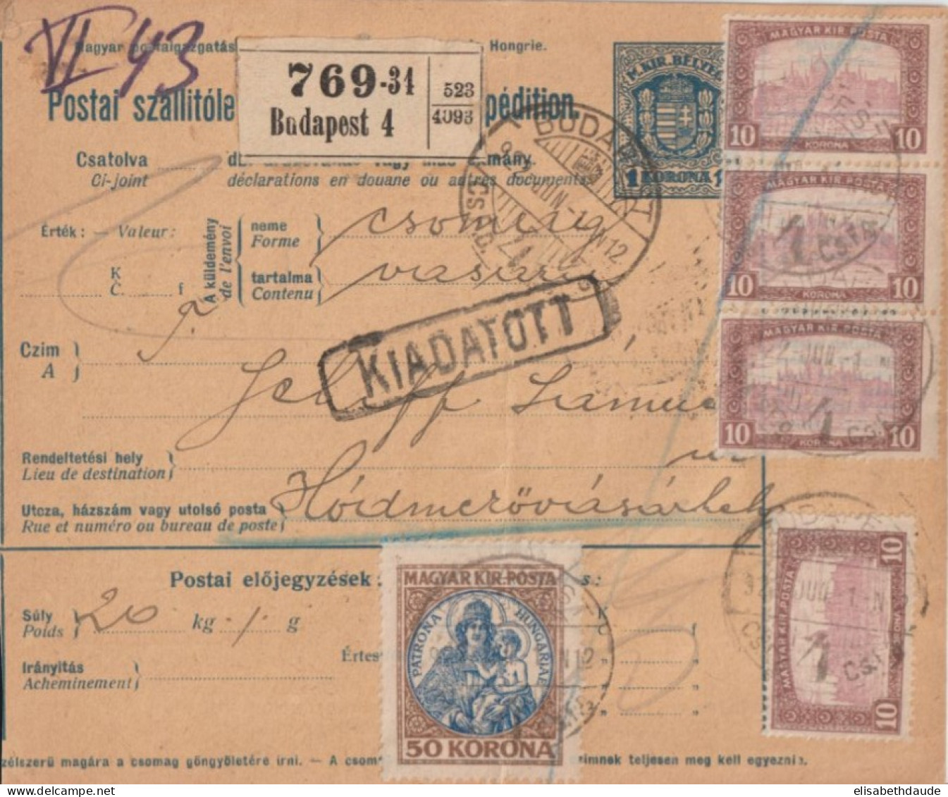 1922 - HONGRIE - CP ENTIER BULLETIN EXPEDITION COLIS POSTAL De BUDAPEST - Brieven En Documenten