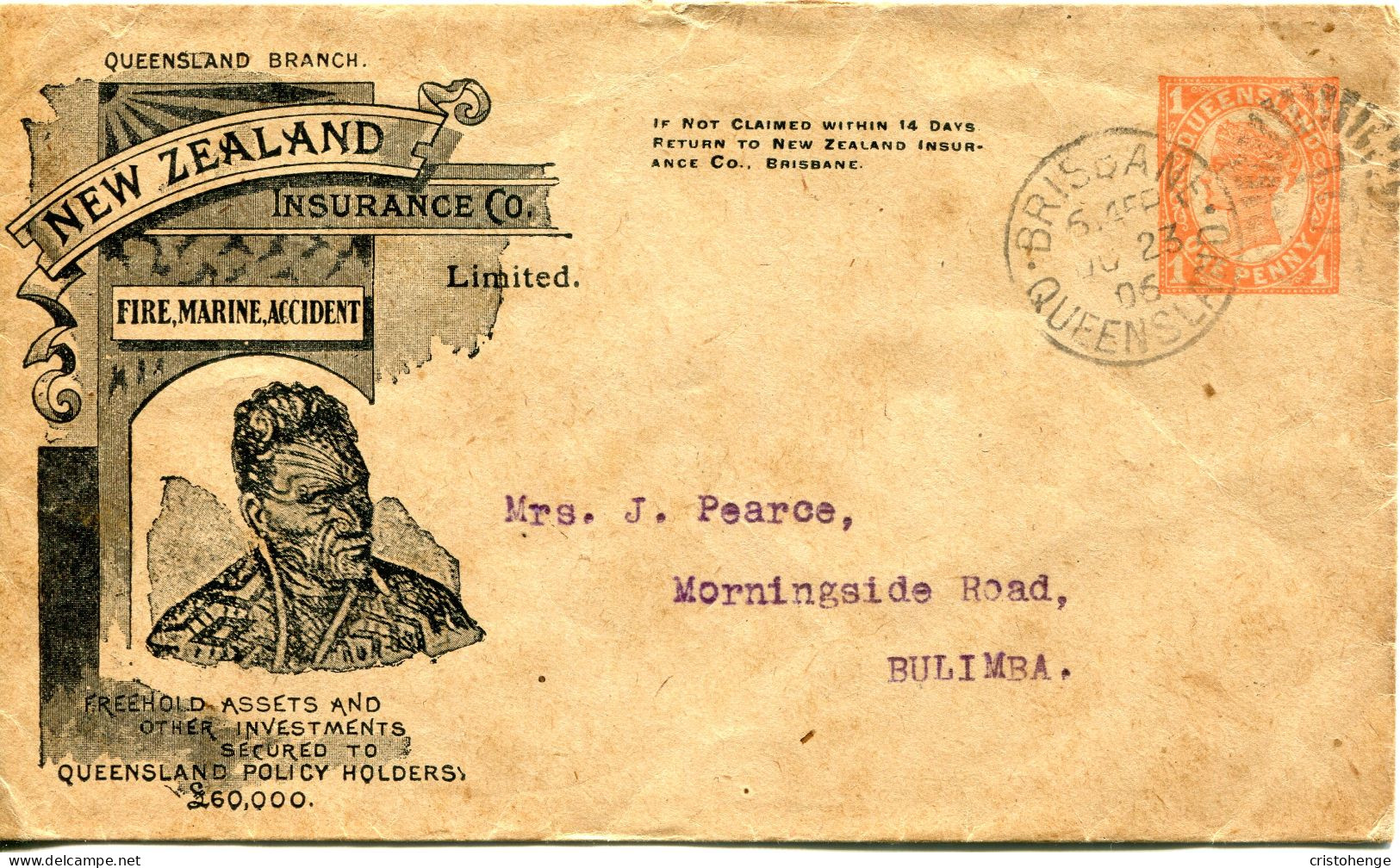 Queensland Australia 1902 New Zealand Insurance Co Ltd (Fire, Marine) - 1d Private Printed Stationery Envelope Cover - Briefe U. Dokumente