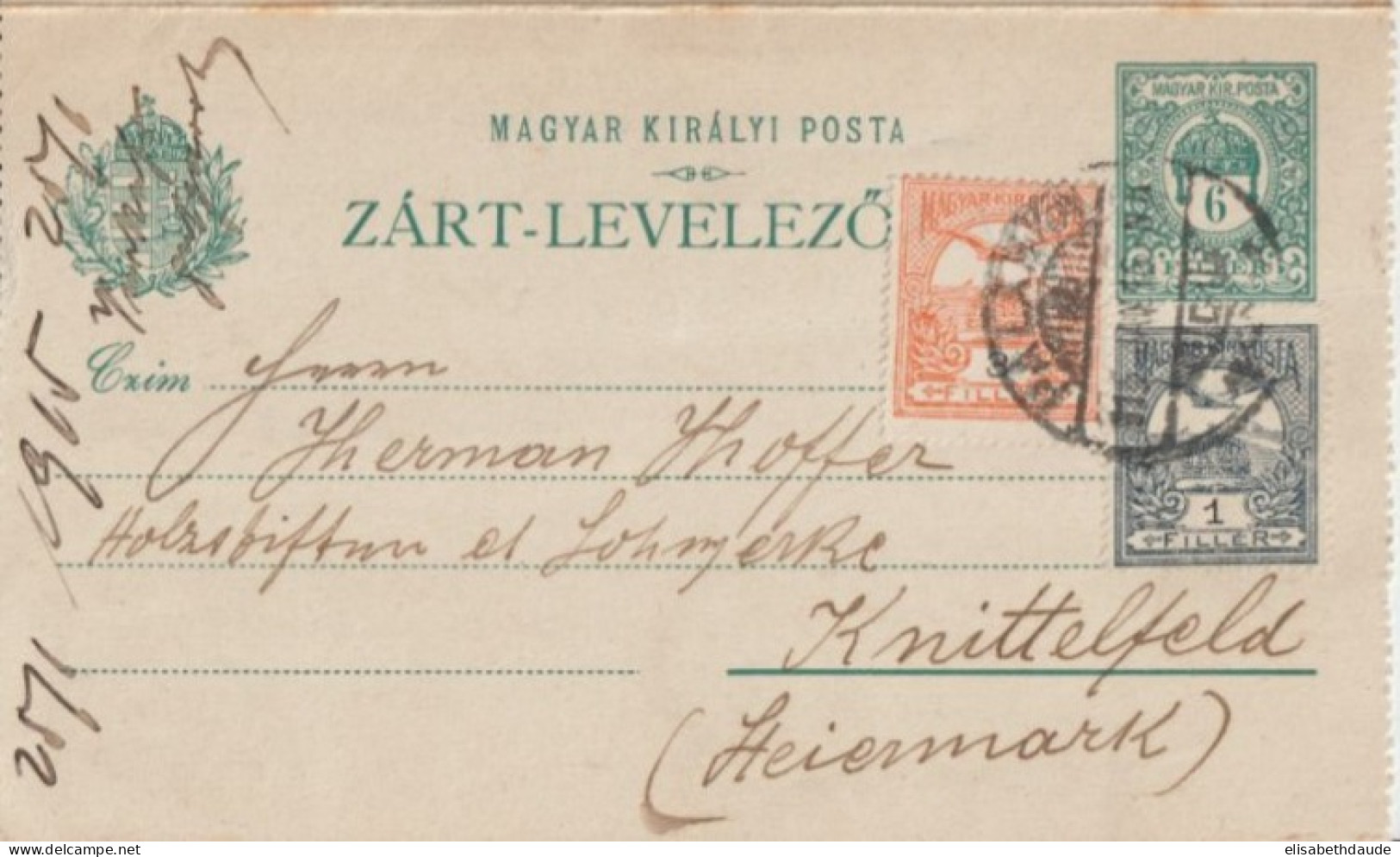 1915 - HONGRIE - CARTE-LETTRE ENTIER (TRICOLORE !) De PALAMKA => KNITTELFELD (STEIERMARK) - Enteros Postales