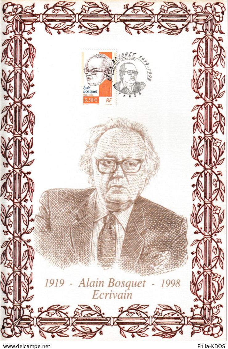 Rare (695/700) " ALAIN BOSQUET " Sur Encart 1er Jour N°té / Soie  Edit° A.M.I.S. De 2002 N° YT 3462. Parf état. FDC - Ecrivains