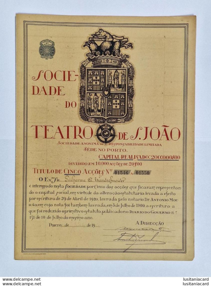 PORTUGAL-PORTO- Sociedade Do Teatro De S.João -Titulo De Cinco Acções- Nºs. 01546 A 01550 - 22 De Junho De 1920(RARO) - Cinema & Teatro