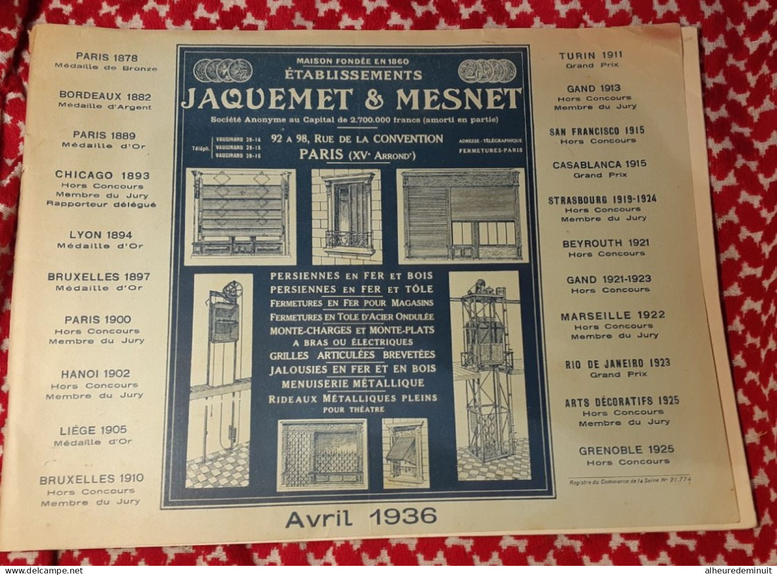 Fascicule Ancien"Ets JAQUEMET & MESNET"1936"persiennes"grilles"monte-charges"rideaux Métalliques Pour THEATRE"barème - Matériel Et Accessoires