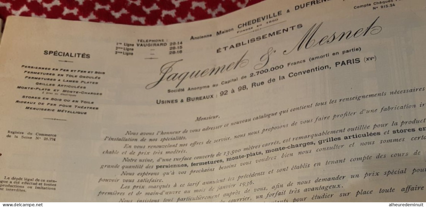 fascicule ancien"Ets JAQUEMET & MESNET"1936"persiennes"grilles"monte-charges"rideaux métalliques pour THEATRE"barème