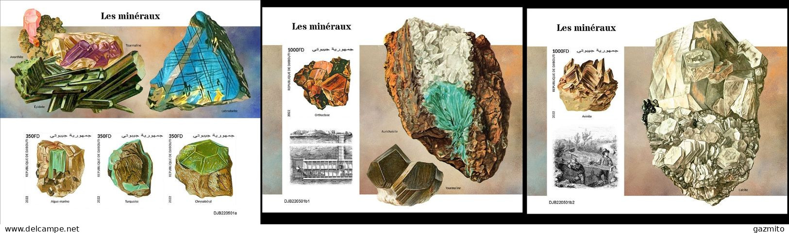 Djibouti 2022, Minerals, 3val In BF+2BF IMPERFORATED - Minéraux