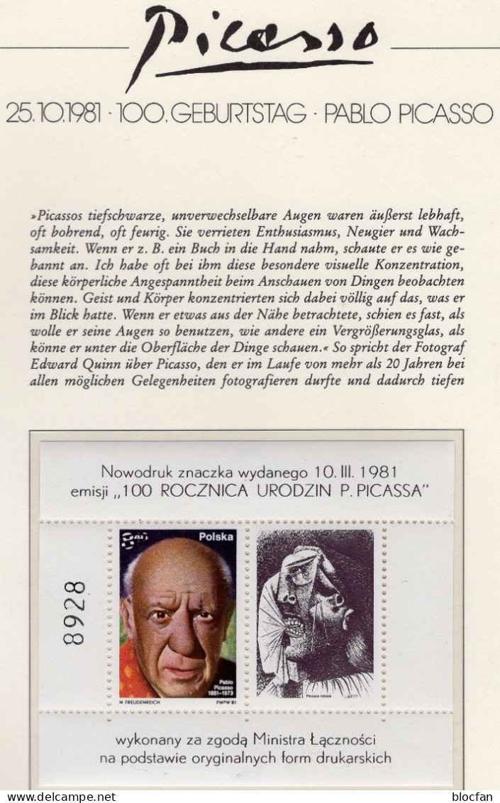 Foto Von Pablo Picasso 1981 Polska Sonder-Bl.84SB Auf Gbl. ** 80€ Kunst Des Maler Ss Bloc Paintings Art Sheet Bf POLAND - Varietà E Curiosità