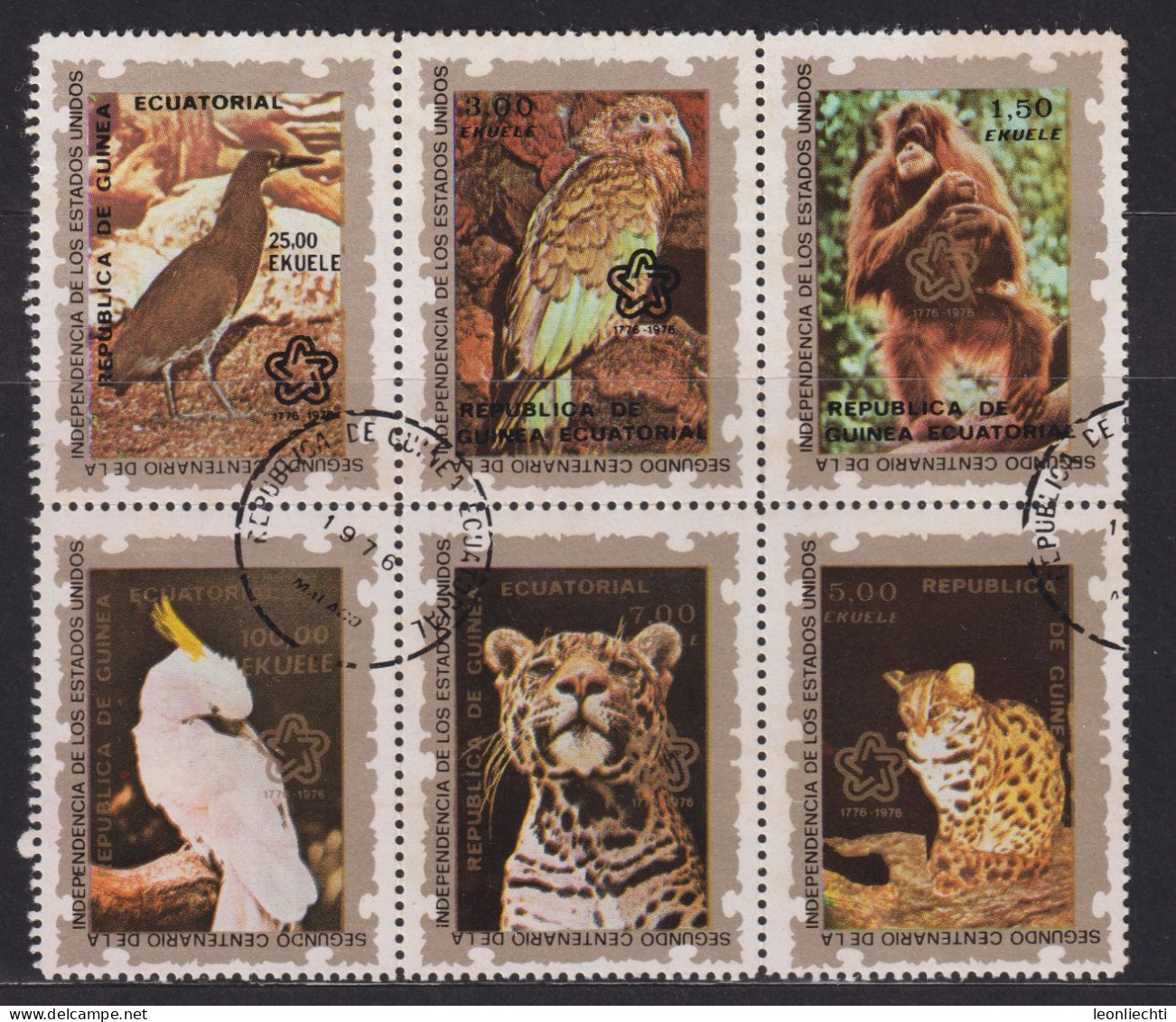 1976 Äquatorial-Guinea: Mi:GQ 844-849°, Yt:GQ 81-A-81F°​​​​​​​ , American Bicentenary (IV) (Animals), Tiere - Guinée Equatoriale
