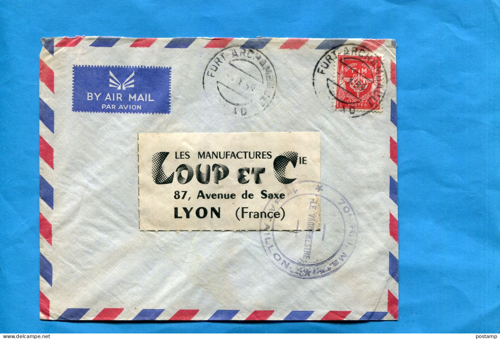 TCHAD-lettre F M   Pour France -cad 1959 -Fort Archamault +cachet70° RI Marine-stamp FM 12 - Storia Postale