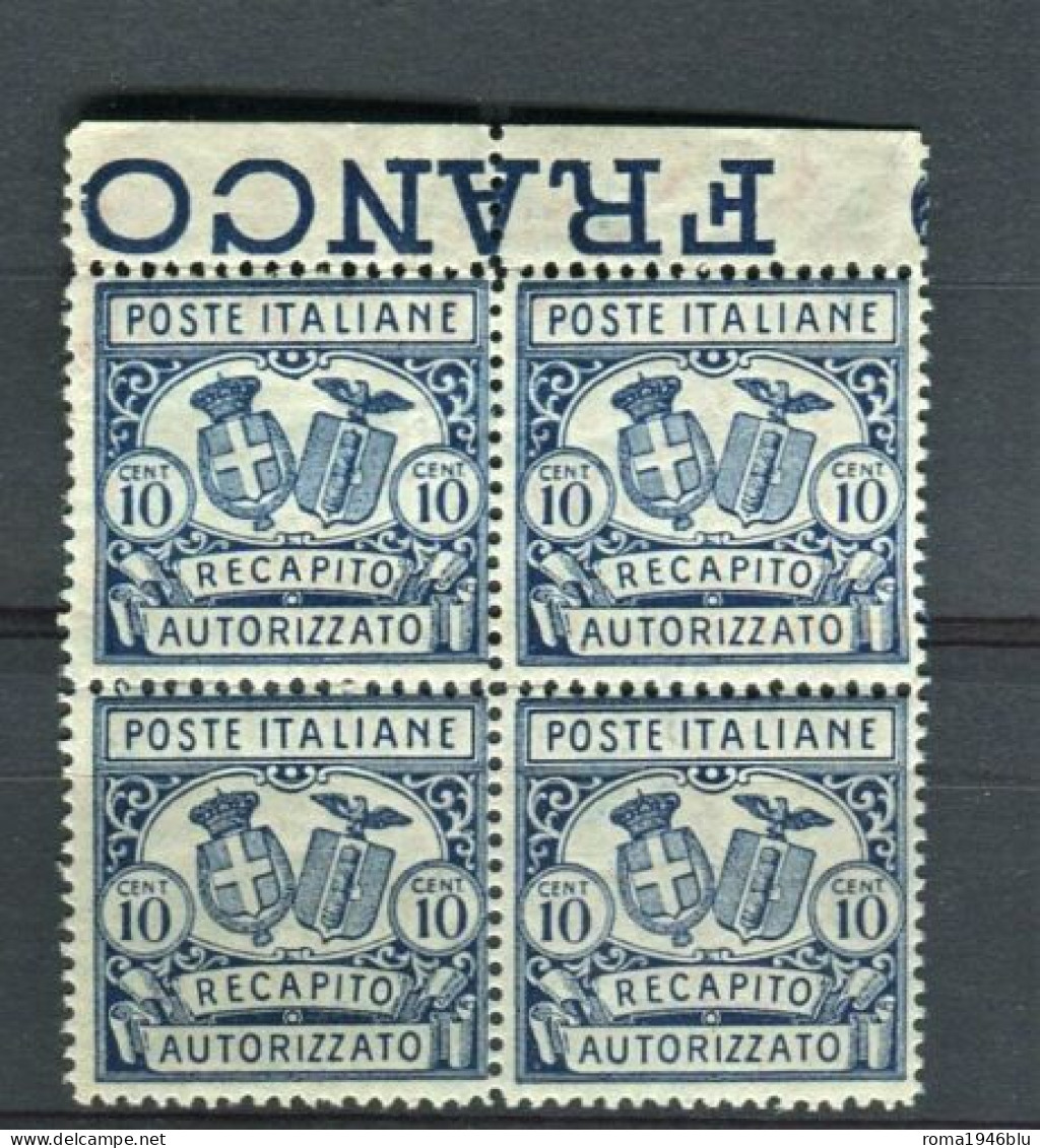 REGNO 1928 RECAPITO AUTORIZZATO SASSONE N. 2 QUARTINA ** MNH - Pneumatische Post