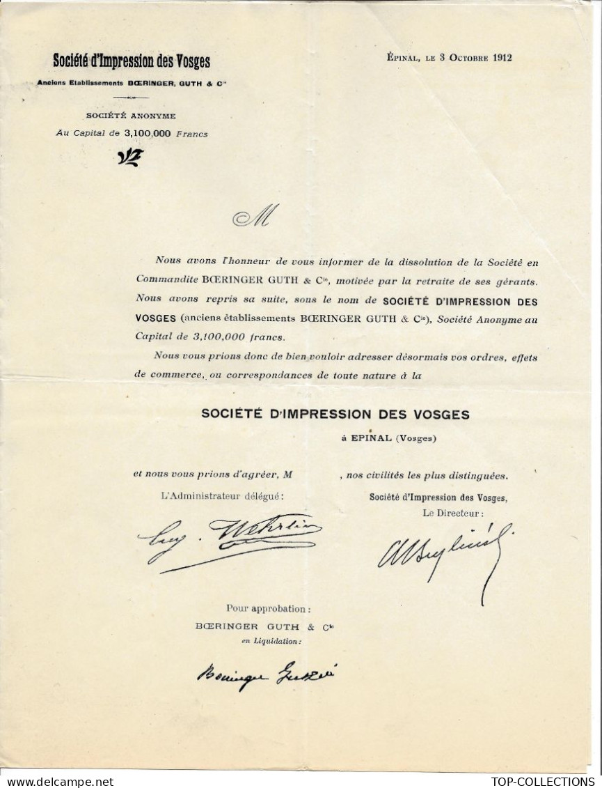 1912  ENTETE Sté D’Impression Des Vosges à Epinal Vosges  Changement De Dirigeants Avec SIGNATURES - 1900 – 1949