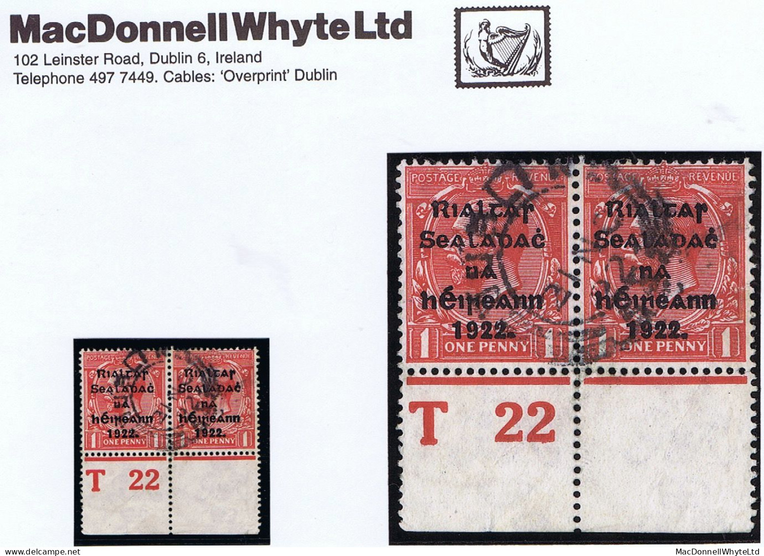 Ireland 1922 Thom Rialtas 5-line Overprint In Blue-black On 1d, Control T22 Perf, Pair Used Cds DUBLIN 21 NO 22 - Used Stamps