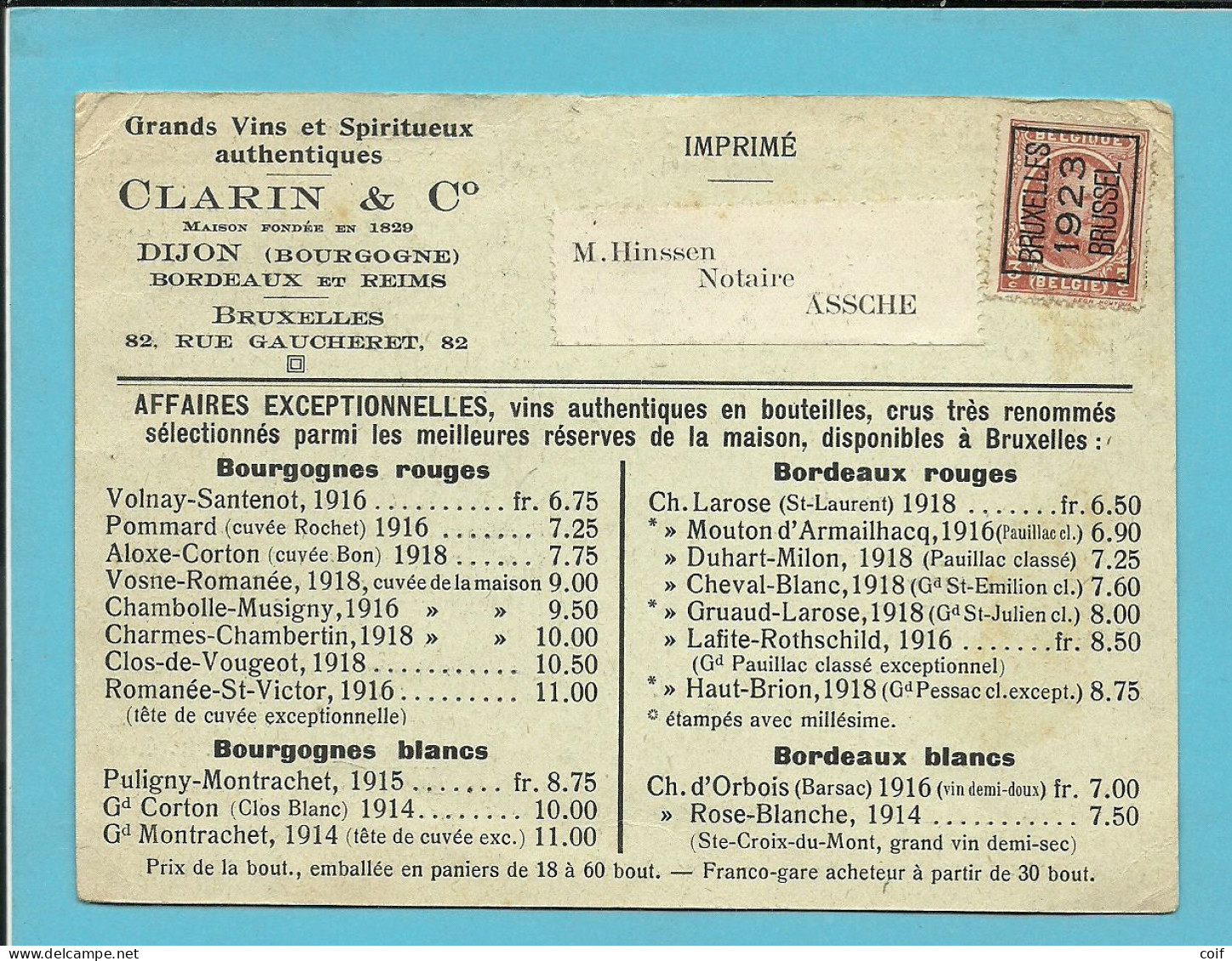 192 (Preo Brussel 1923) Op IMPRIME "Grand Vins Et Spiritueux CLARIN" - 1922-1927 Houyoux