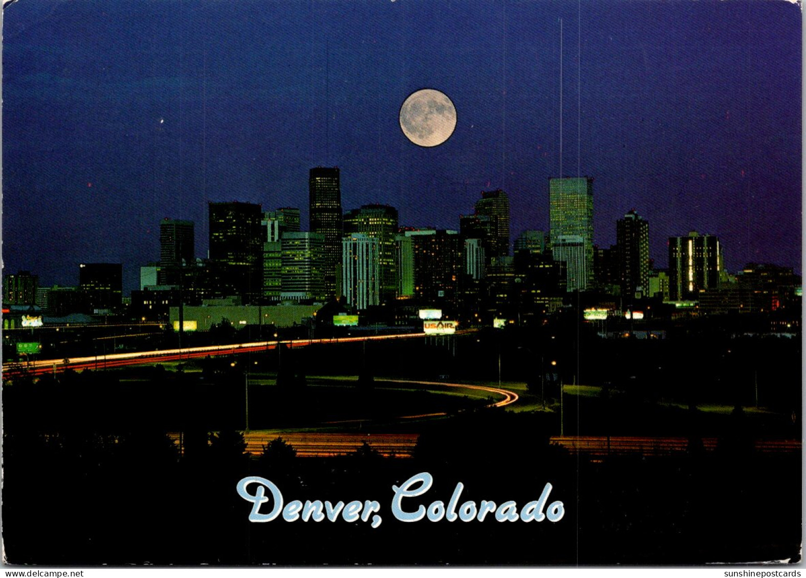 Colorado Denver Skyline At Night Under Full Moon 1993 - Denver