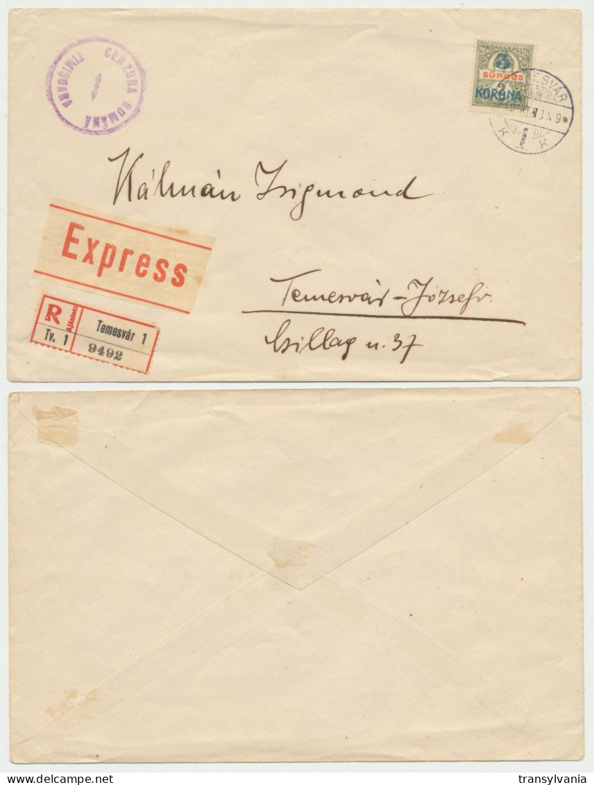 Romania Hungary 1919 Timisoara Occupation Express Censored Registered Cover With 3 Korona Local Stamp - Carné