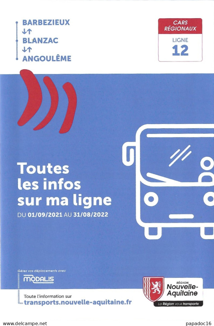 Guide Horaire / Timetable - Cars Régionaux Nouvelle Aquitaine - Ligne 12 Barbezieux-Angoulême - 09-2021 à 08-2022 - Europa