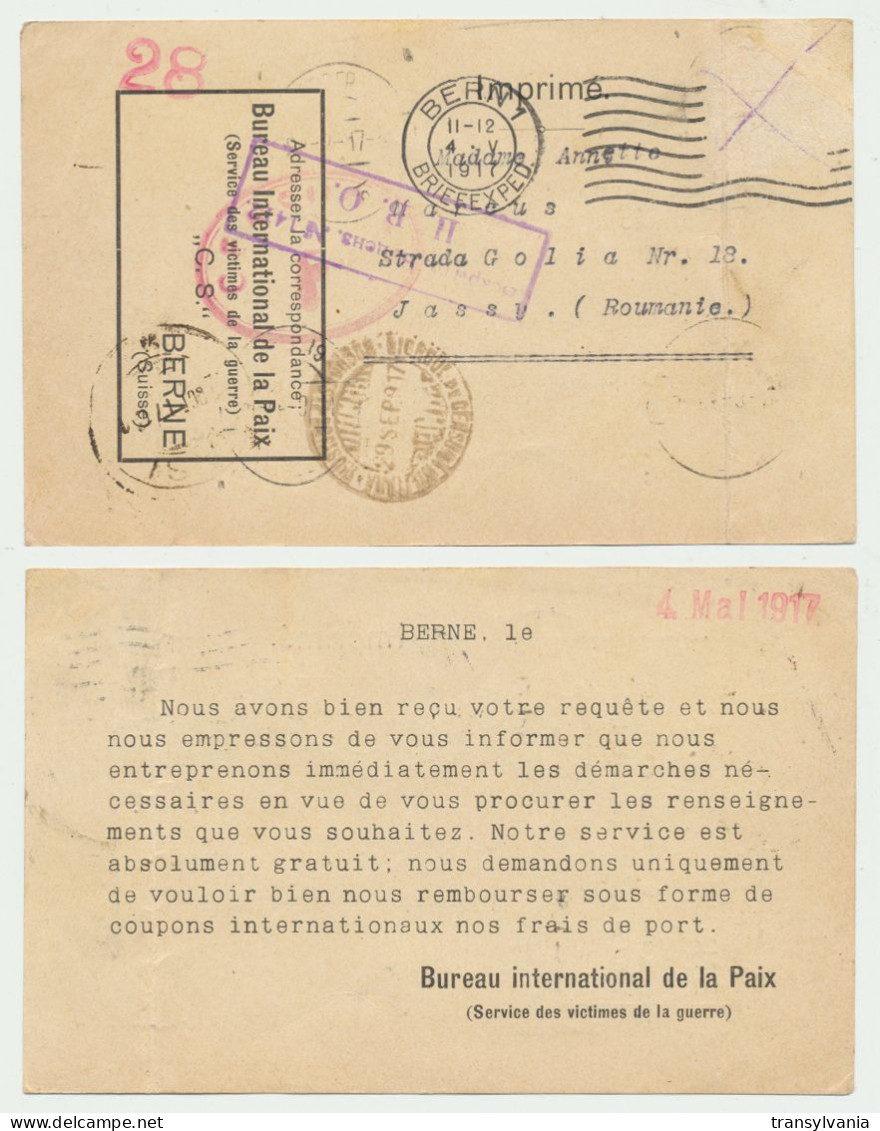 International Peace Office Switzerland WW1 Multi-censored Postcard To Moldova, Romania Via Russia - 1ste Wereldoorlog (Brieven)