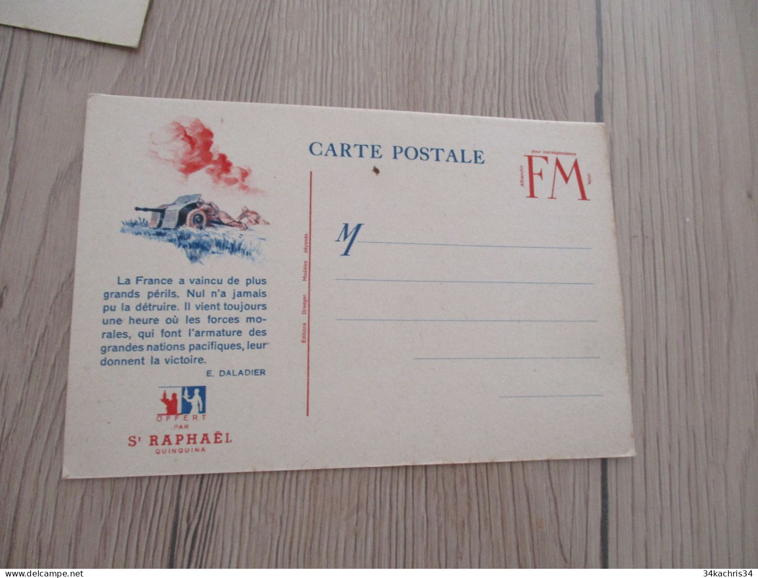 CPFM Carte De Franchise Militaire Vierge Guerre 39/45 Pub St Raphaël Texte Daladier Canon - WW II