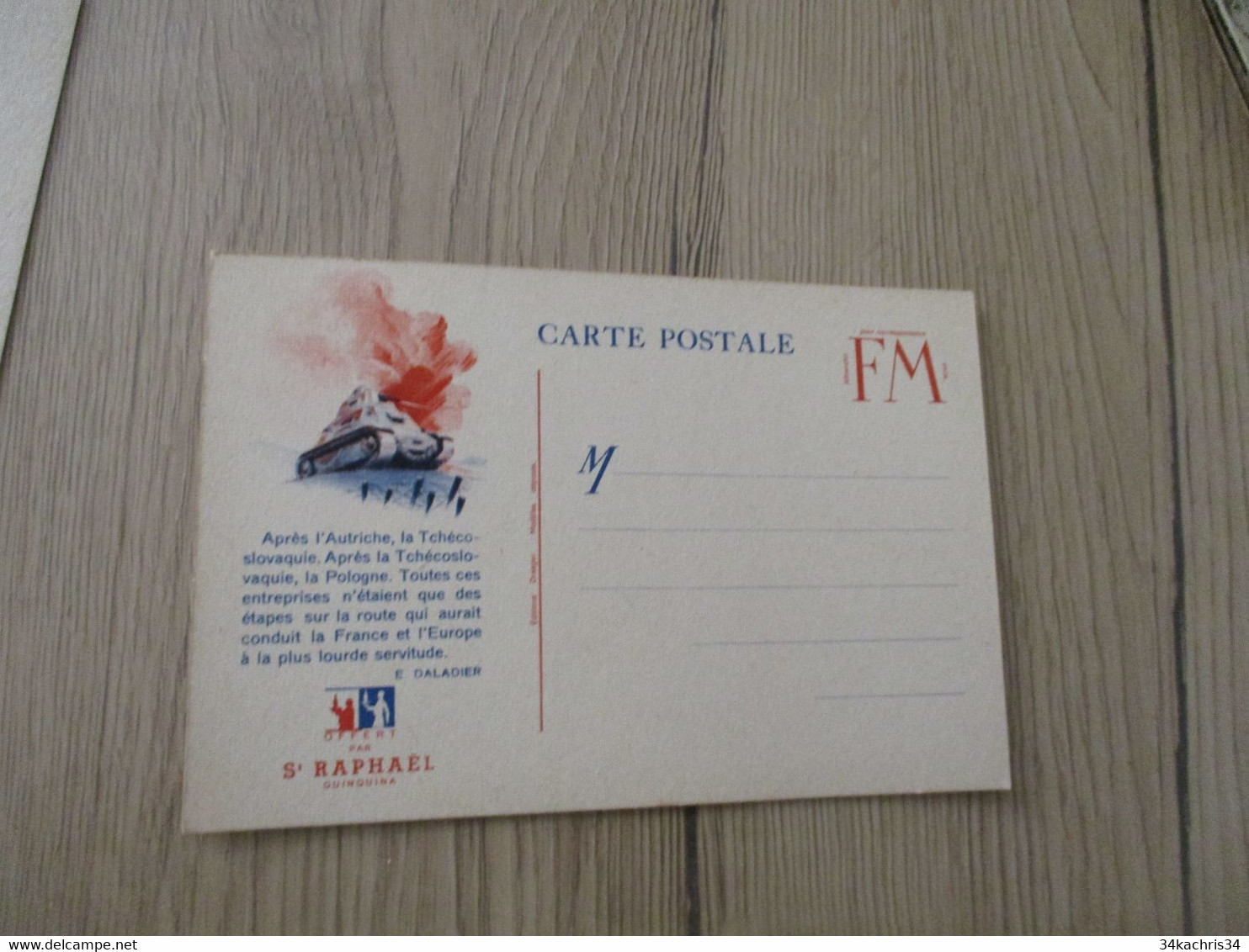 CPFM Carte De Franchise Militaire Vierge Guerre 39/45 Pub St Raphaël Texte Daladier Tank - WW II