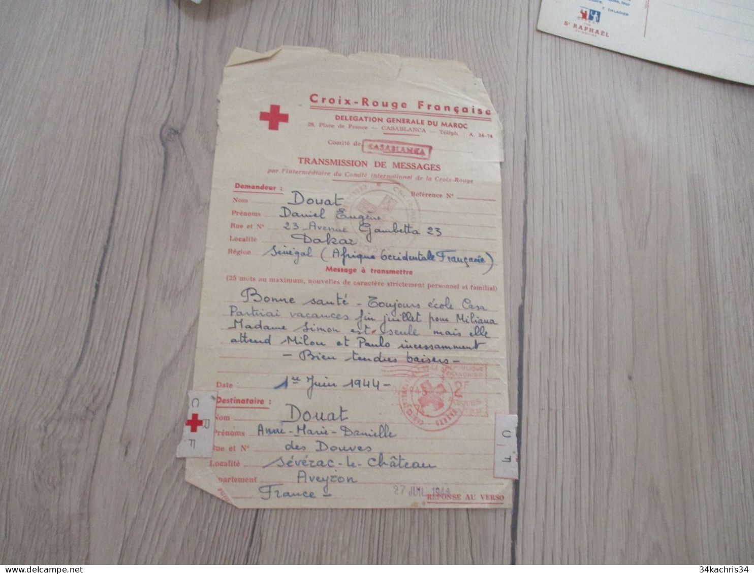 Lettre France Croix Rouge Française Dakar Sénégal Message à Transmettre Severac Aveyron 1944 - WW II