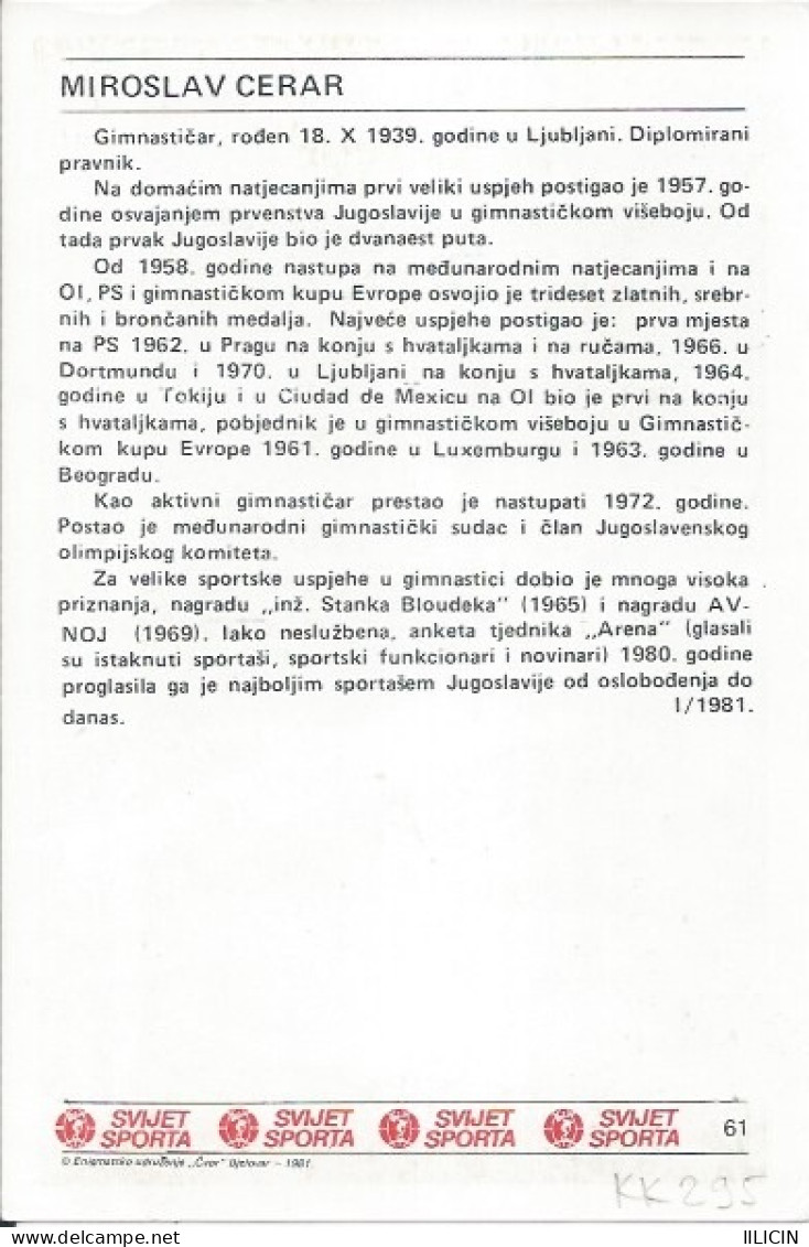 Trading Card KK000295 - Svijet Sporta Gymnastics Yugoslavia Slovenia Miroslav Cerar 10x15cm - Gymnastique