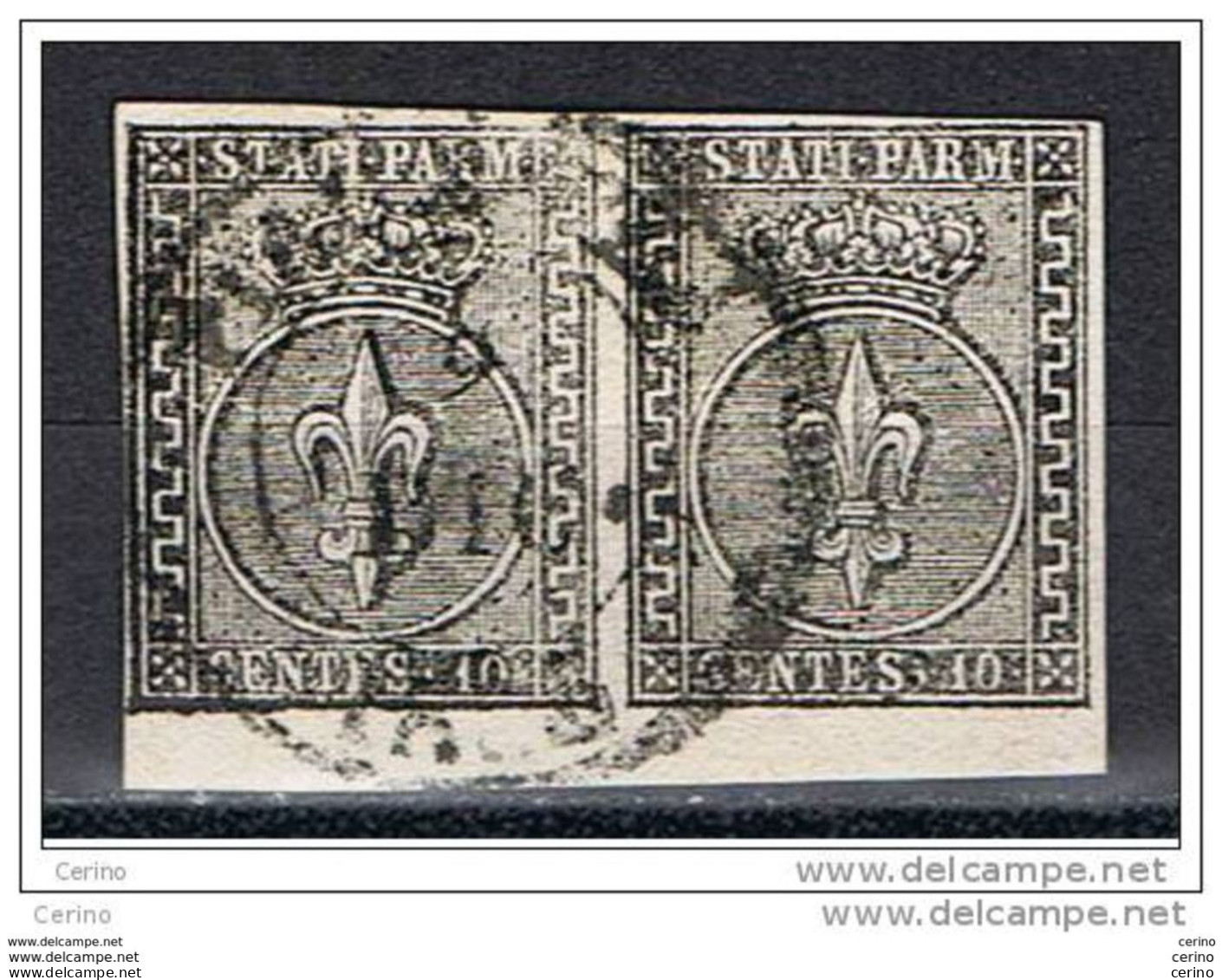 PARMA:  1852  GIGLIO  -  10 C. BIANCO  COPPIA  ORIZZONTALE  US. -  SASS. 2 - Parma