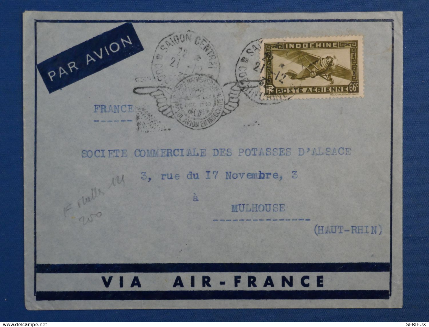 BP19  INDOCHINE  BELLE LETTRE RR IER VOL  1935 SAIGON A MULHOUSE  FRANCE +++AFFRANCH. INTERESSANT - Airmail