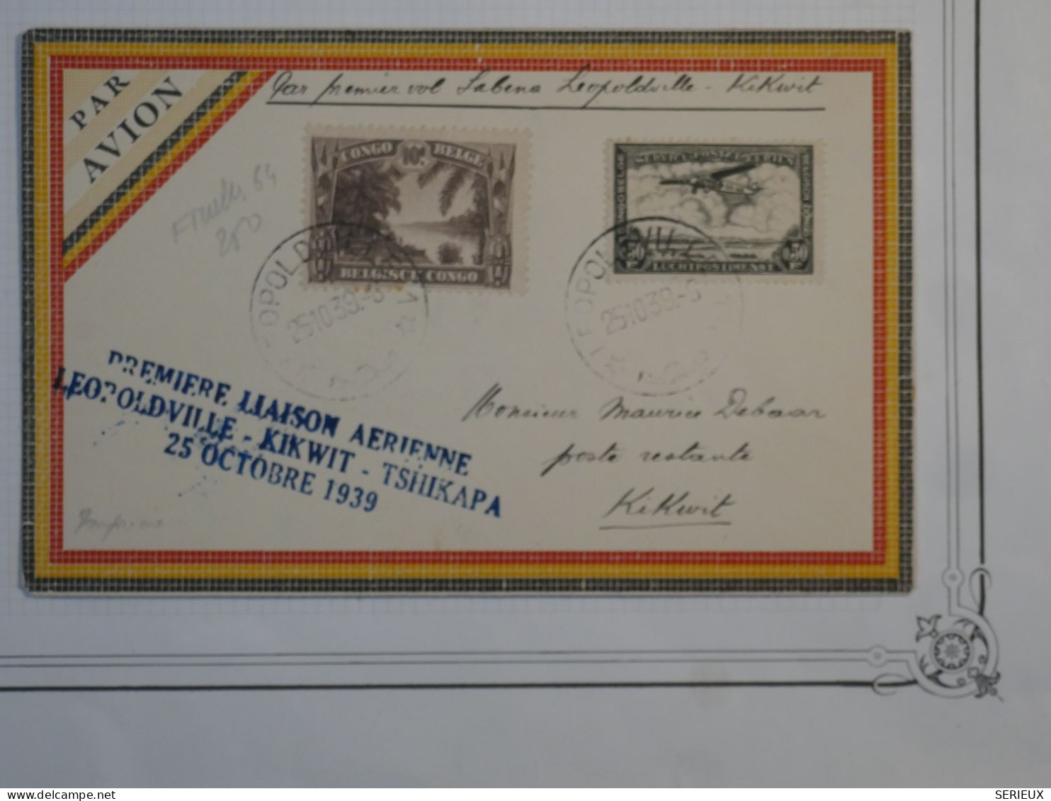 C CONGO BELGE   BELLE LETTRE RRR IER VOL 1939 KIKWICK +AERIEN++AFFRANCH. INTERESSANT - Cartas & Documentos