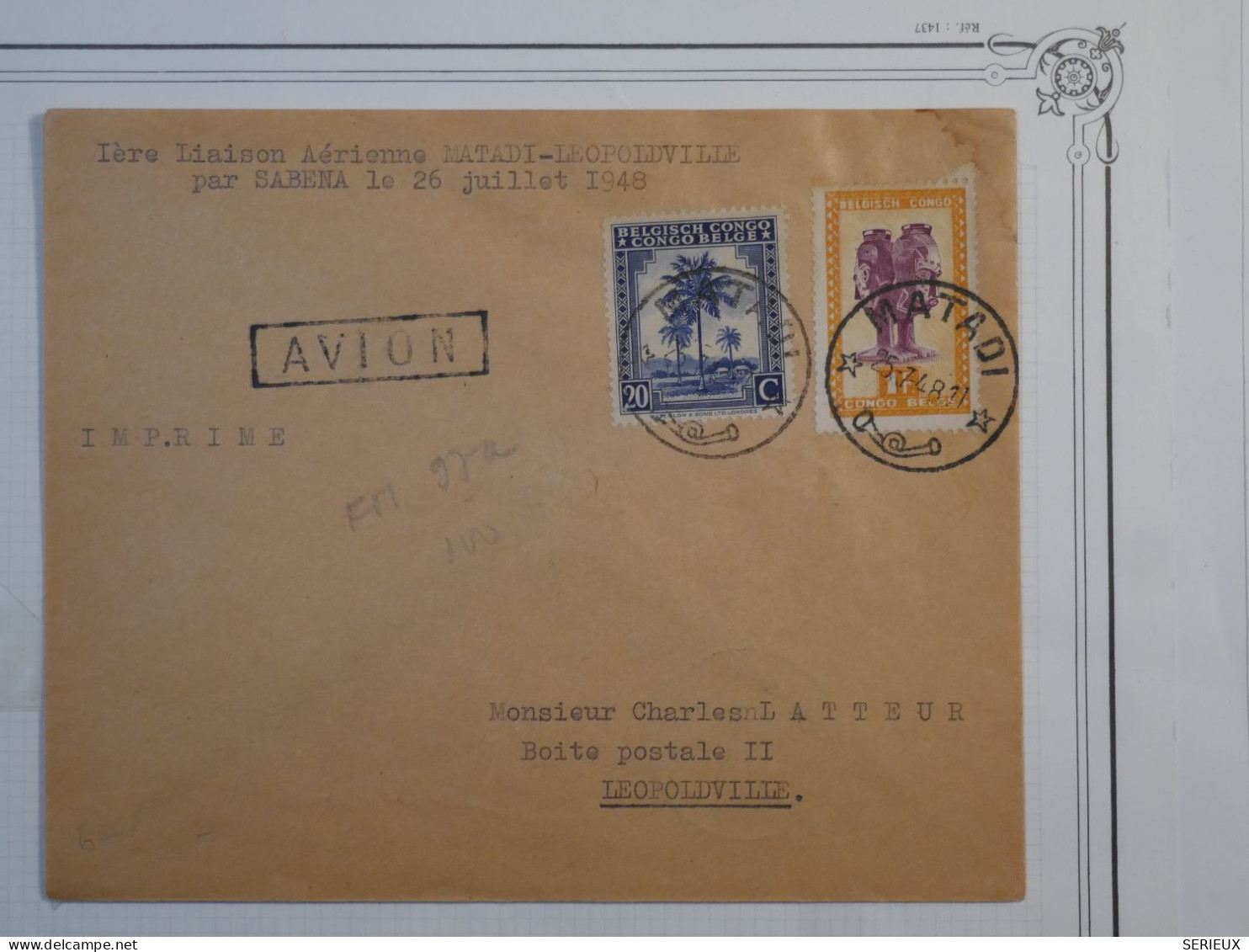 BP19 CONGO BELGE   BELLE LETTRE RR IER VOL MATUDI  LEOPOLDVILLE  1948  +AERIEN++AFFRANCH. INTERESSANT - Brieven En Documenten