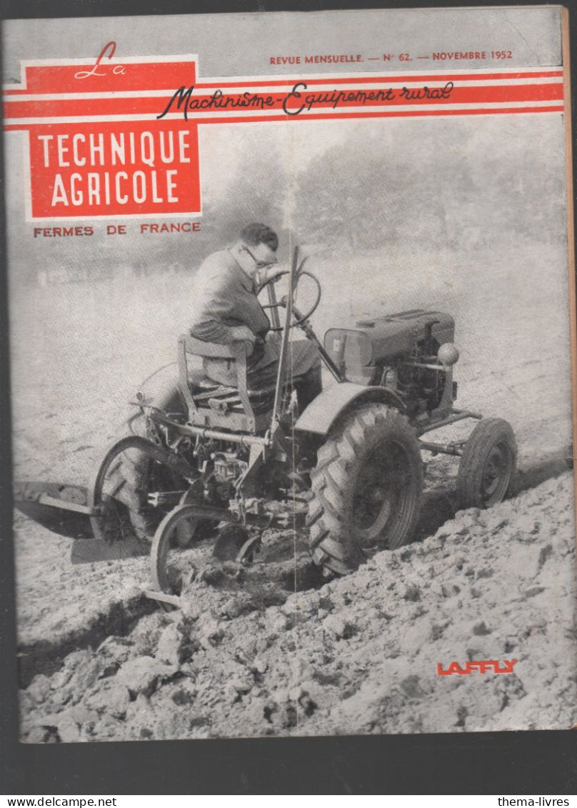 (machines Agricoles) Revue LA TECHNIQUE AGRICOLE  N°62 Novembre 1952    (CAT5200) - Garten