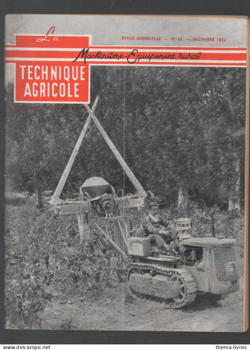 (machines Agricoles) Revue LA TECHNIQUE AGRICOLE  N°63 Decembre  1952    (CAT5201) - Garten