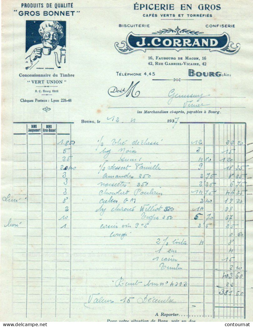01 BOURG EN BRESSE FACTURE 1937 épicerie Cafés CORRAND Produits " GROS BONNET "  -X169 AIN - ... - 1799