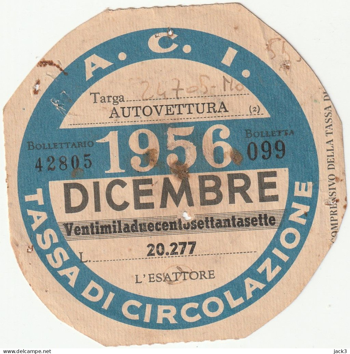 BOLLO DI CIRCOLAZIONE - DICEMBRE 1956 - Voitures