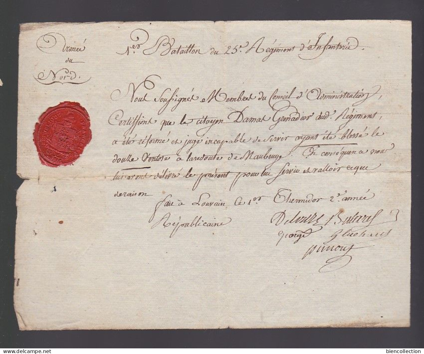 Armée Du Nord 25eme Regiment D'infanterie Louvain Belgique; Thermidor An 2 De La République , Réforme D'un Soldat - Documents