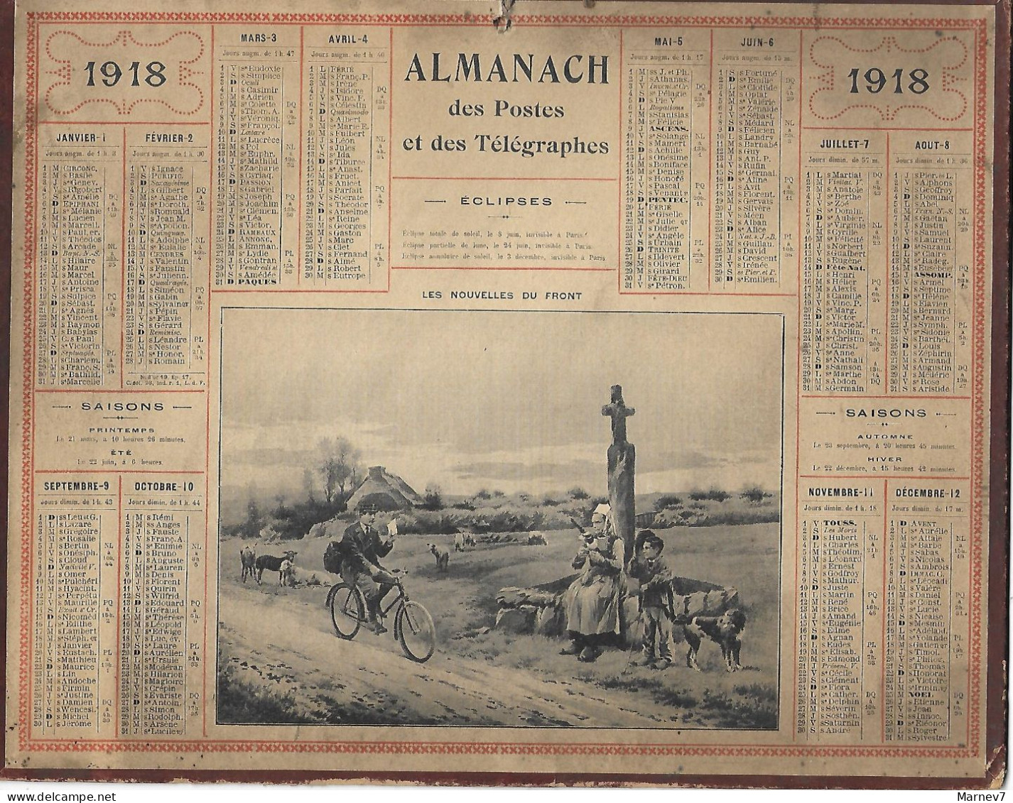 CALENDRIER Almanach Des POSTES - Facteur - 1918 - Les Nouvelles Du FRONT - Communes De La Seine - PARIS - - Grand Format : 1901-20