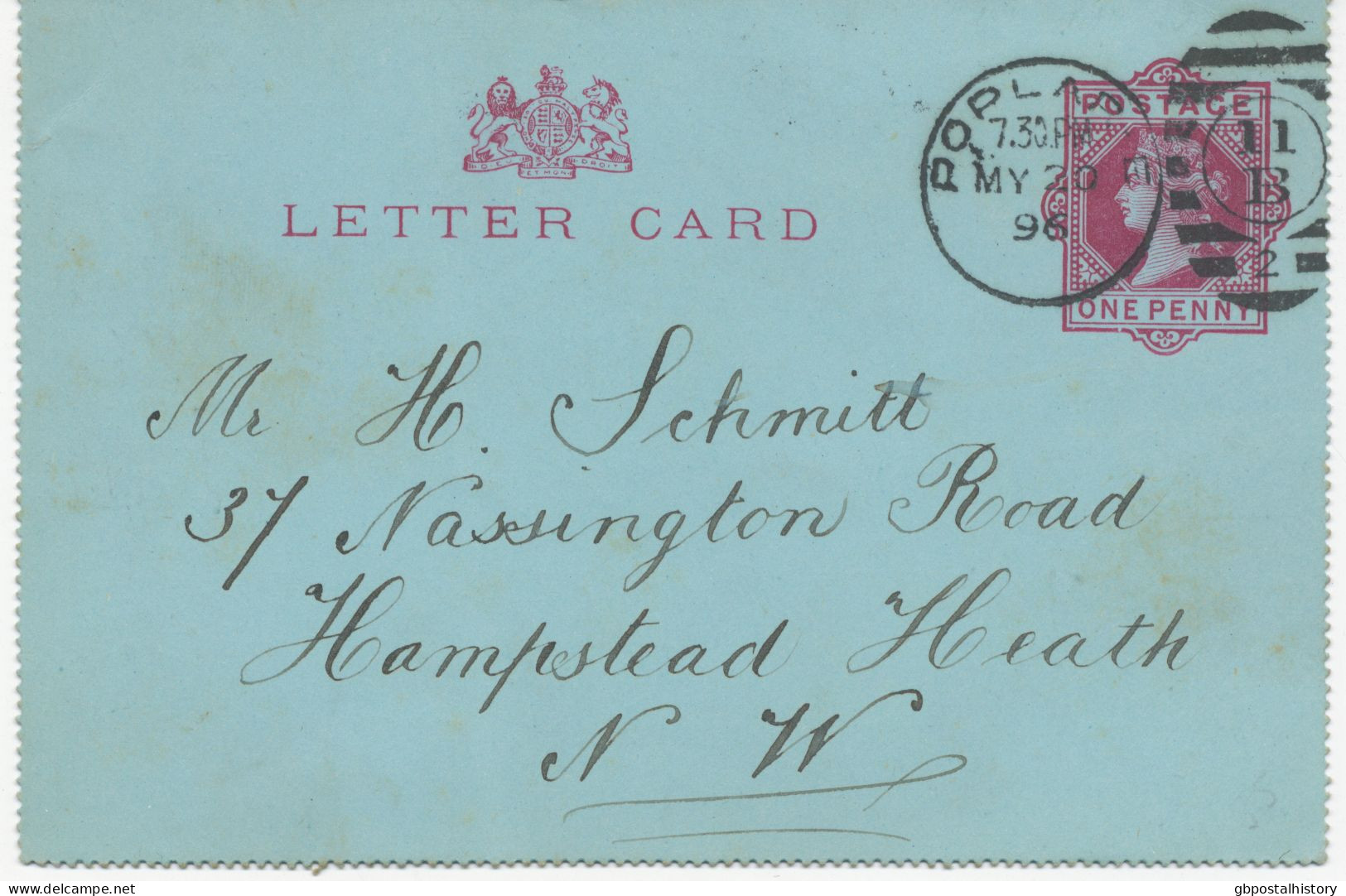 GB 1896 QV 1d Very Fine Used Letter Card With Barred Duplex-cancel "POPLAR-E / 11 B / 2" NEW EARLIEST USE - Lettres & Documents