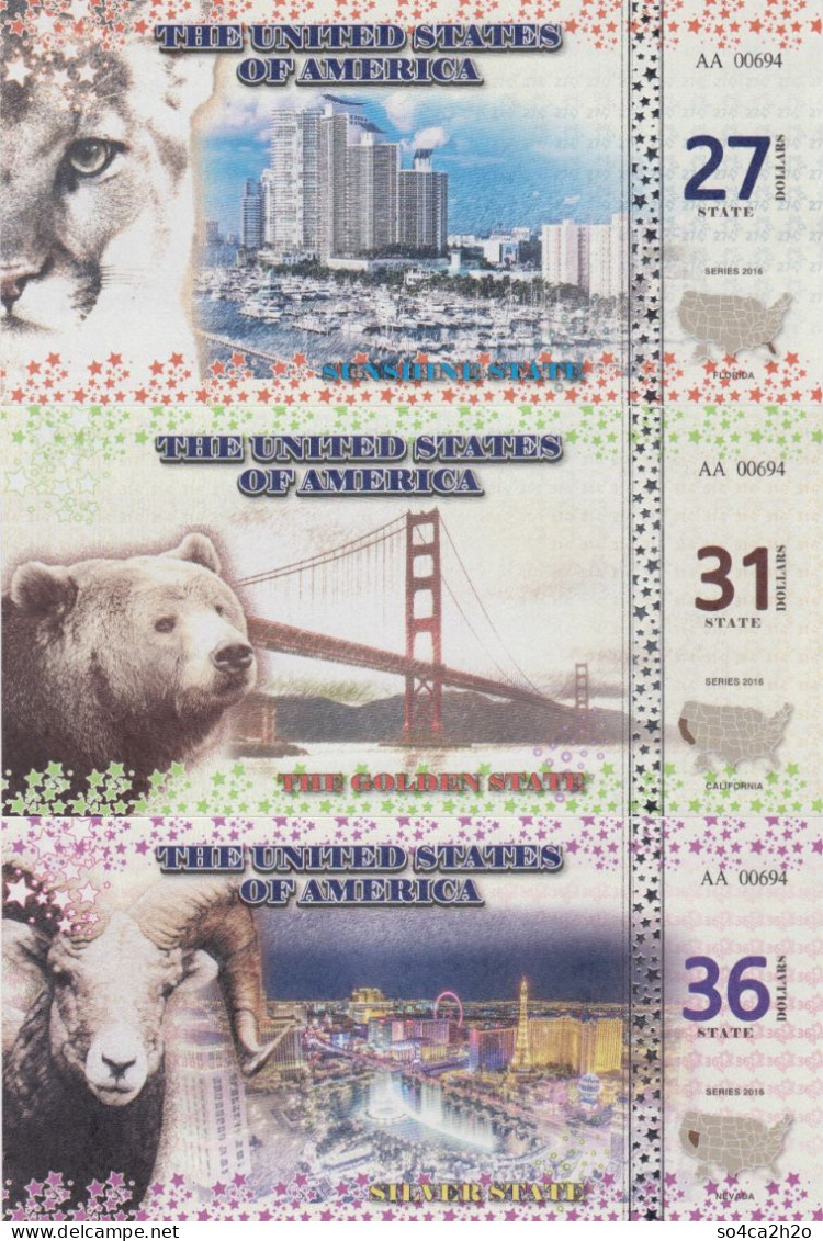 ETATS UNIS  Lot 3 Billets  27,31, 36 Dollars 2016 FLORIDA - CALIFORNIA - NEVADA Série AA UNC - Sets & Sammlungen