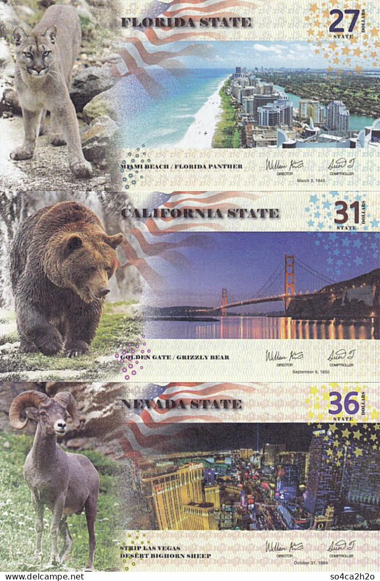 ETATS UNIS  Lot 3 Billets  27,31, 36 Dollars 2016 FLORIDA - CALIFORNIA - NEVADA Série AA UNC - Sets & Sammlungen