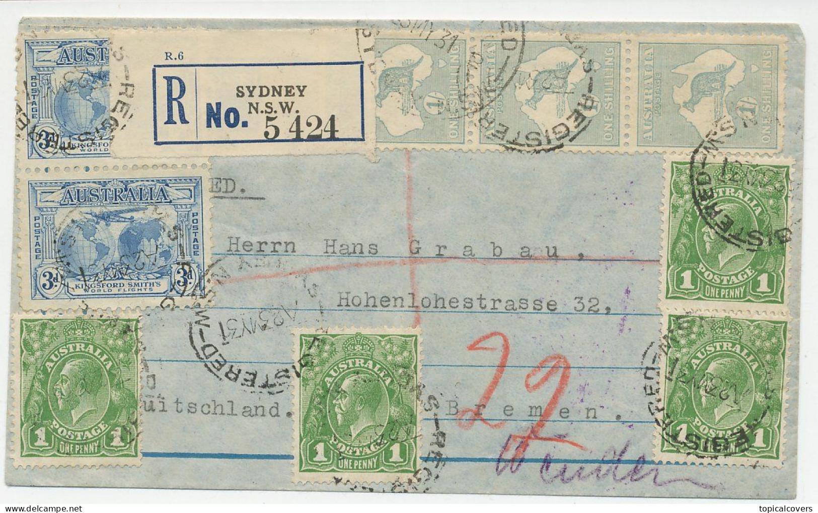 Registered Cover Sydney Australia - Via Netherlands Indies - Germany 1931 - Train Osnabruck - Hoek Van Holland - Briefe U. Dokumente