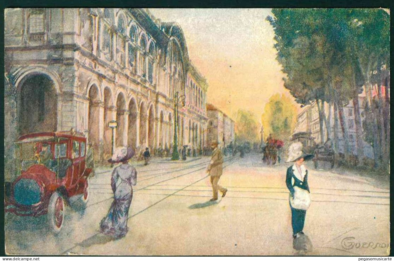 CLZ050 - TORINO STAZIONE PORTA NUOVA GUERZONI ILLUSTRATORE ILLUSTRATOR ANIMATA AUTO CAR 1910 CIRCA - Stazione Porta Nuova